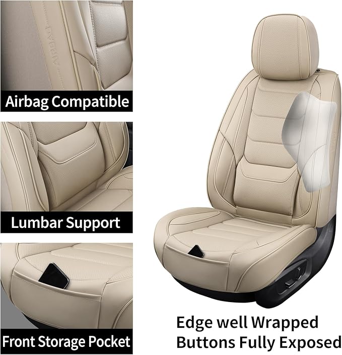 SCOMEE Beige Leather Car Seat Covers Full Set Breathable Seat Protectors Waterproof Automotive Seat Covers Universal Fit for Most Cars SUVs Trucks Vehicles