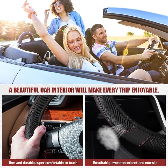 Car Steering Wheel Cover, Steering Wheel Protector, Universal 14.5-15 Inch Microfiber Leather Breathable Auto Steering Wheel Covers, Carbon Fiber Steering Wheel Cover for Women Men (Black)