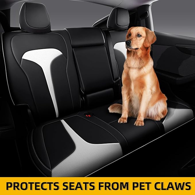 OURPLOT Custom Fit Seat Covers for 2025 2026 Tesla Model Y Juniper (5-Seater), Waterproof Breathable Nappa Leather, OEM Factory Style Full Set Car Seat Protectors Airbag Compatible - Black+White