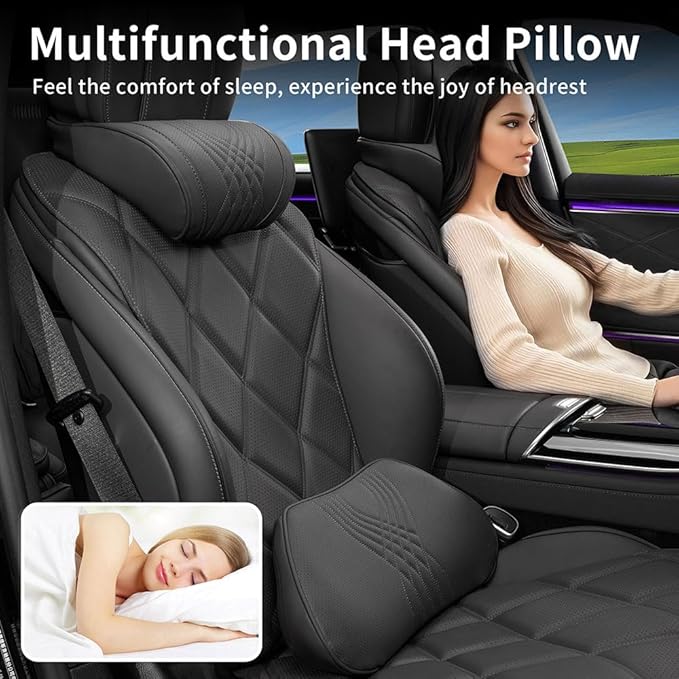 Dapucarin Lumbar Support Pillow for Car Seat, Office Chair Nappa Leather Memory Foam Lower Back Cushion for Back Pain Relief Improve Posture, Ergonomic Back Rest for Gaming Chair, Black, 1PC