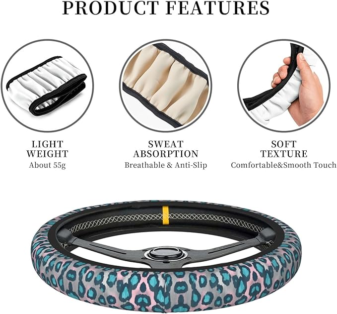 Cheetah Print Blue Car Steering Wheel Cover, 15 Inch Steering Wheel Cover Stylish Decor for Most Cars