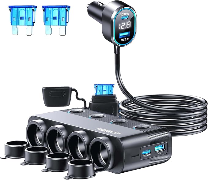 8 in 1 Cigarette Lighter Splitter,264W 4 Socket Car Cigarette Lighter Adapter,Type-C QC3.0 PD 30W Charging,Heavy Duty Truck Car USB Chager Multi Plug Outlet 12V/24V Independent Switches,LED Voltmeter