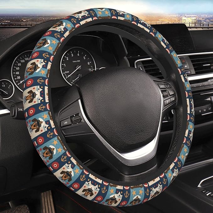 Dachshunds?Sailors Nautical Dog Pattern Car Steering Wheel Cover, 15 Inch Steering Wheel Cover Stylish Decor for Most Cars