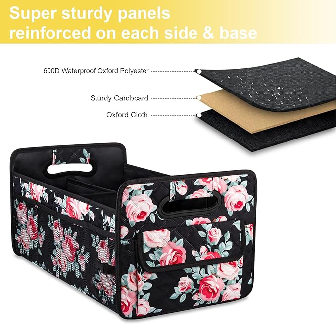 JiatuA Car Trunk Organizers and Storage for SUV, Collapsible Multi Compartment Container Box Adjustable Car Accessories for Women Men, Black Floral