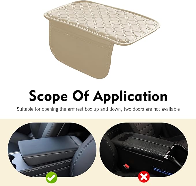 Car Center Console Cover, Leather Waterproof Armrest Cover Protector with 2 Side Storage Bags, 7.87" x 11.8" Comfort Anti-Slip Armrest Seat Box Pad, Universal for Most Cars (Beige)