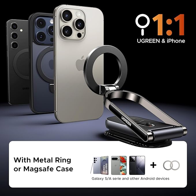 UGREEN for Magsafe Car Mount Dashboard 360° Rotation Magnetic Phone Holder Removable Design Car Cellphone Holder Compatible with iPhone 17 16 15 14 13 12 Series and MagSafe Case Strongest Magnet