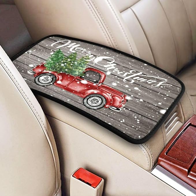 DORKEIXIA Farm Rustic Vintage Retro Old Merry Christmas Red Truck Auto Center Console Armrest Pad Universal Car Center Console Cover Seat Box Cover for Sedan, Van, SUV, Truck Car Accessorie