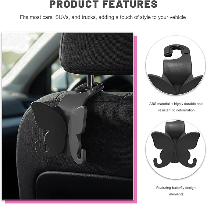 2 PCS Car Seat Headrest Hook, Butterfly Multipurpose Storage Hook Seat Back Purse Holder, Cute Butterfly Headrest Purse Hanger Interior Accessories for Car Truck SUV (Black)