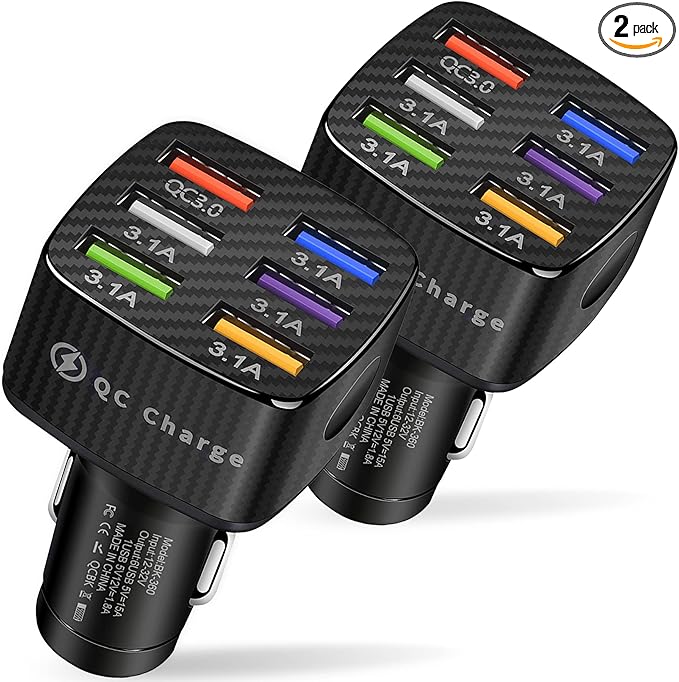 Amiss Car Charger Adapter, 6 USB Multi Port, Fast Charger, Include QC 3.0 and 5 Other Ports, Car Interior Accessories, Fit for iPhone 13/12/11/pro, Samsung Galaxy/Note S10/S9/S8 - Black（2PCS）