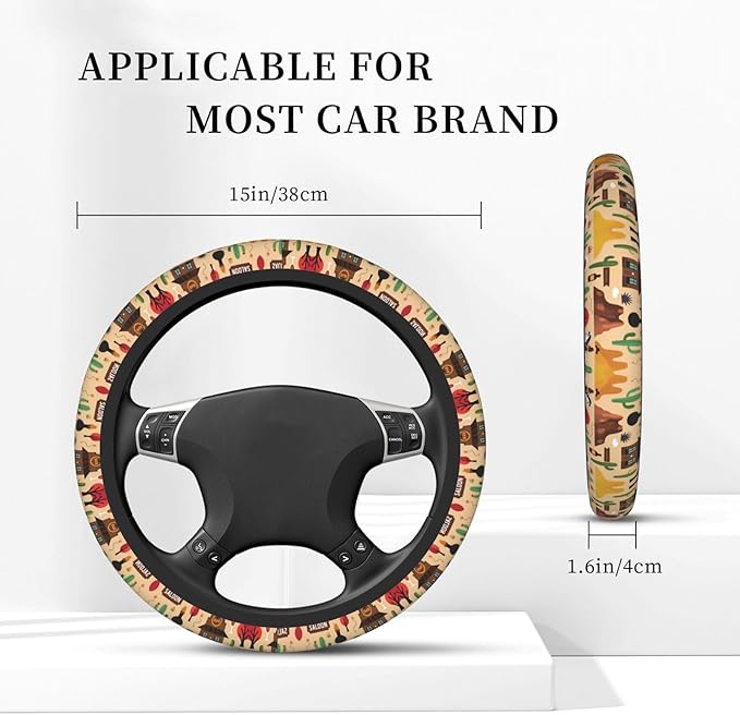 Cowboy Art Saloon Patttern Universal Fit Steering Wheel Cover for Car, Truck, and SUV, Durable Steering Wheel Protection