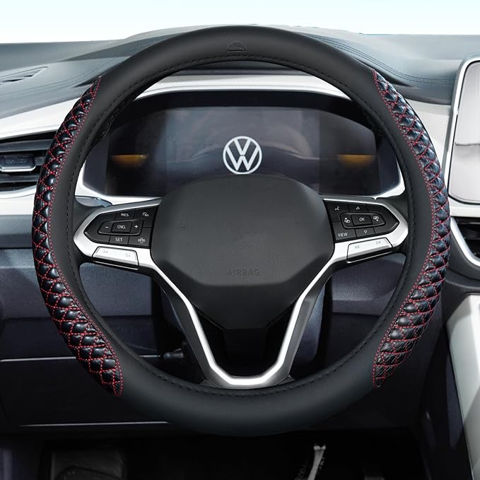 Coverado Car Steering Wheel Cover, Nappa Leather Black & Redline Steering Wheel Covers, Universal 14-15 inch, Anti-Slip, Breathable Steering Wheel Protector for Women Men