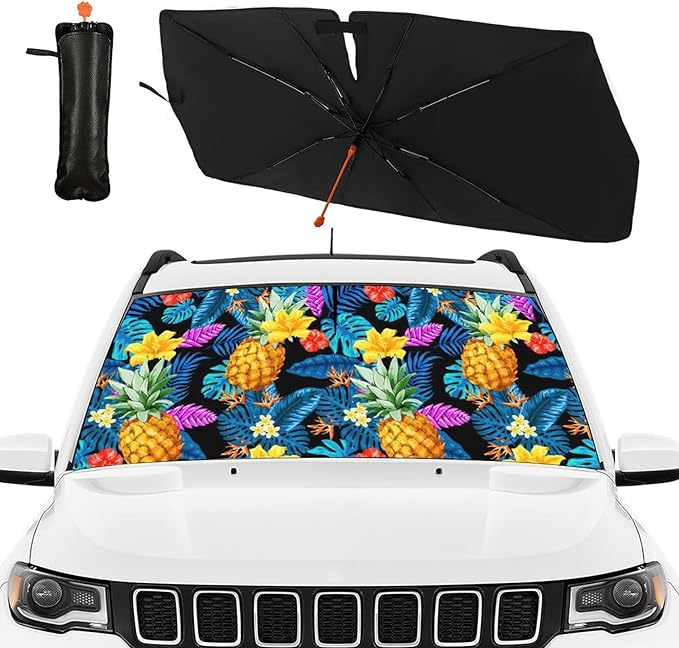 DOPINDU Hawaiian Pineapple Car Windshield Sun Shade Umbrella Bendable Handle Foldable Funny Sunshade for Car Windshield Block UV Rays Keep Vehicle Cool for Most Sedans SUV Trucks Cars 57"x30"