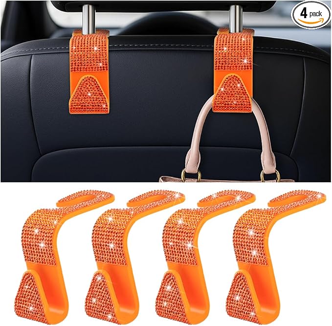 4PCS Bling Car Seat Headrest Hooks, Vehicle Back Seat Purse Handbag Hanging Holder with Crystal Rhinestone, Diamond Storage Organizer Hook, Universal Automotive Accessories (Orange)