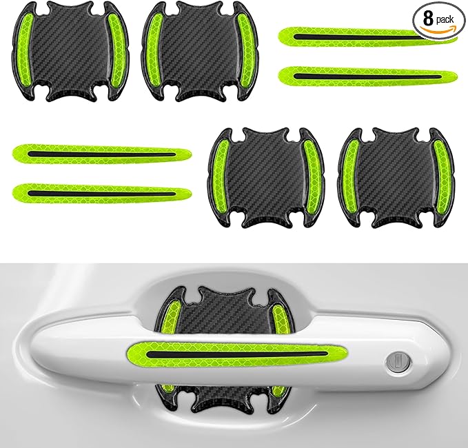 8PCS Universal Car Door Handle Protector Sticker - 3D Carbon Fiber Anti-Scratch Cover, Self-Adhesive & Non-Marking Reflective Safety Strips, Paint Protection Film (Yellow)