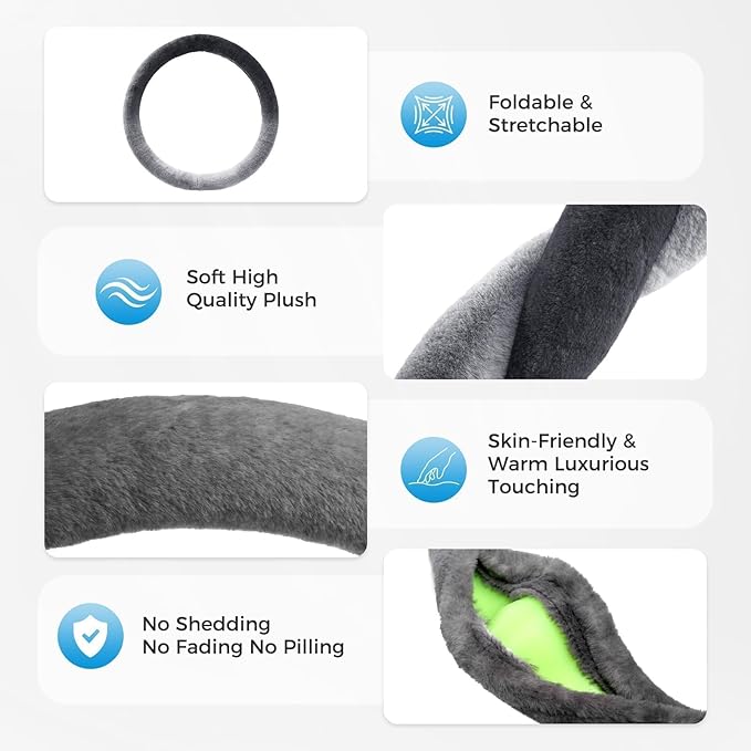 Coverado Winter Fluffy Steering Wheel Cover, Upgraded Anti-Slip Fuzzy Furry Car Steering Wheel Cover, Universal 14-15 inch, Soft Plush, Warm, No Odor, Luxurious Decoration for Women Men, Gradient Gray