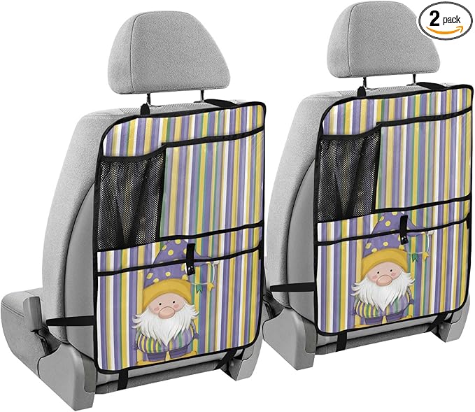2 Pack Back Seat Car Organizer with Storage Pockets Kick Mats Back Seat Protector Hanging Car Organizer Automotive Seat Back Cover Organizers Stripe Mardi Gras Gnome