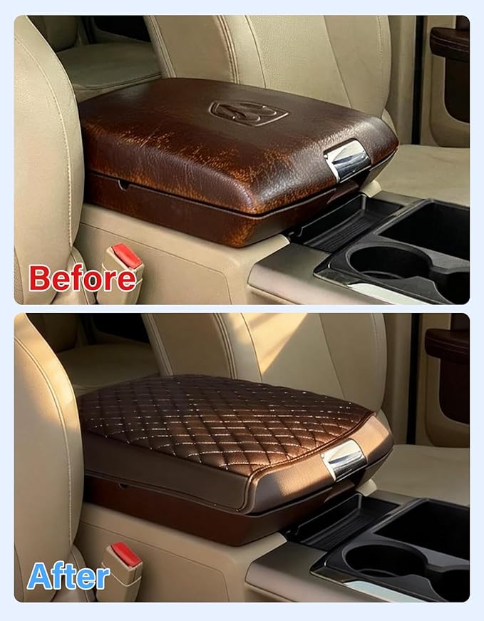 Center Console Armrest Cover for 2009-2018 Dodge Ram 1500 2500 3500 Accessories, Vinyl Leather Middle Console Cover, Anti-Scratch, Brown (Fits Bucket Seat Console Only)