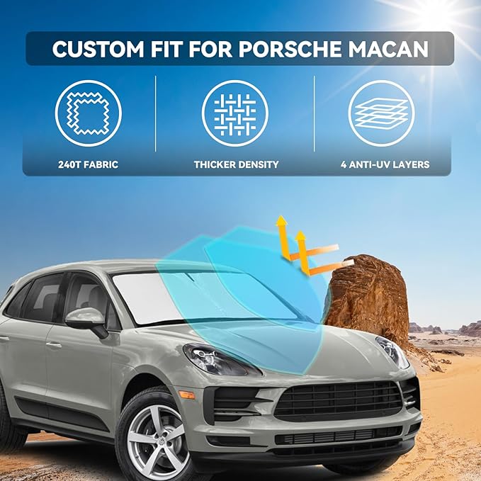 for Porsche Macan 2014-2024 2025 2026 Windshield Sun Shade - 4 Layers Car Sunshades for Front Windows Shade Cover Custom Fit Macan Sun Visor 240T Retractable Shade Blocks UV Rays Car Accessories