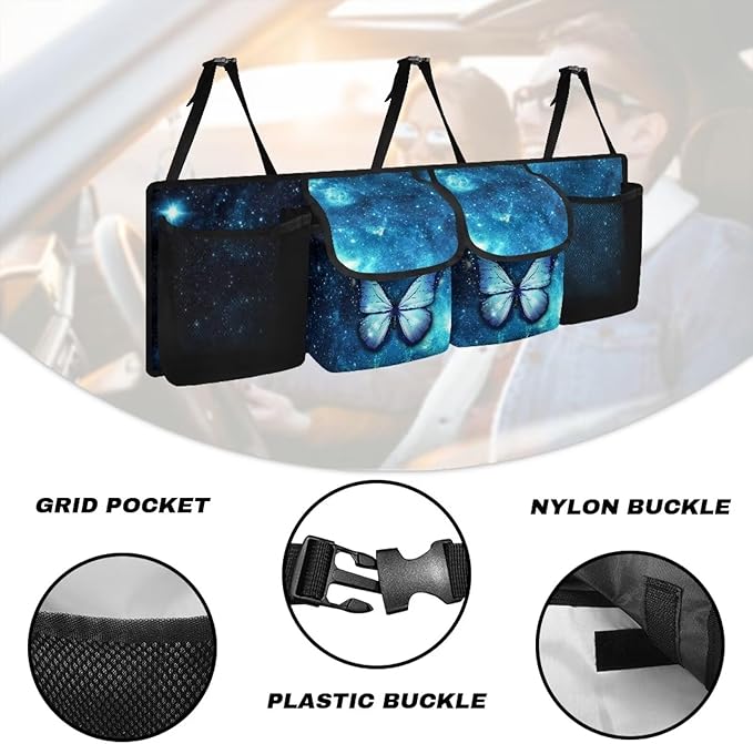 Hanging Car Trunk Organizer Blue Galaxy Space Butterfly Car Organization Women Collapsible Cargo Bag with 4 Storage Bags,Easy to Install