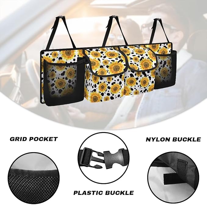 Sunflower Cow Car Trunk Organizer Backseat Cargo Storage Bag with Elastic Net Collapsible Pouch SUV, Truck, MPV Car Accessories