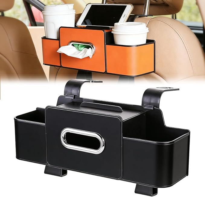 NOSBING Car Organizer And Storage Box, Back Seat Car Organizer, 5 in 1 Multifunctional Car Back Seat Storage Box with Drink Cup Holder Tissue Box, for Hold Phone,Snacks, Drinks, Handbag (Black-A)