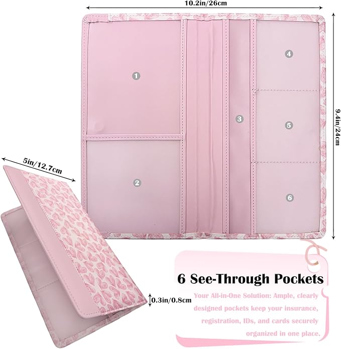 FinestHouse Car Registration and Insurance Holder with Magnetic Closure, Universal Document Organizer for License, Insurance Cards & Glove Box Storage (Heart-Pink)