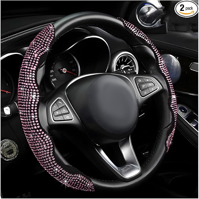 2 PCS Steering Wheel Cover, Segmented Car Wheel Covers with Crystal Rhinestones, Non-Slip Protector Bling Sparkly Decoration for Most Steering Wheels, Car Accessories (Pink)