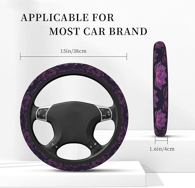 Pink Lotus Flowers Steering Wheel Cover for Women Men Girls, Car Accessories Decor Thickened Anti-Slip Auto Steering Wheel Covers Protector Universal Fit 15 Inch for Cars, Truck, SUV