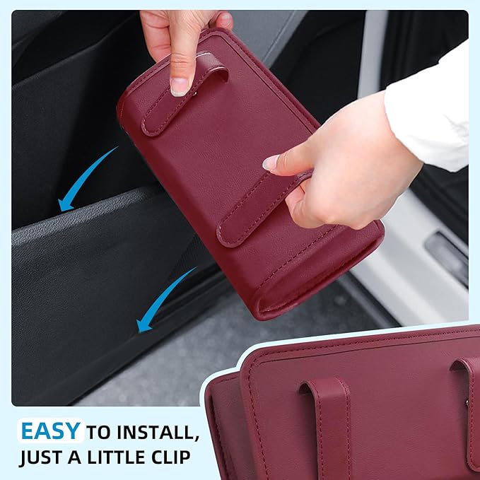 Car Trash Can, Universal Leather Cars Garbage Bin Organizer Holder with A Roll of Garbage Bag, Foldable Hanging Mini Automotive Storage Must Have Essentials Interior Accessories (Wine Red)