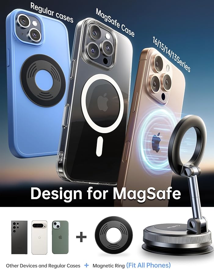 Coolpow【Newest Vacuum Magnetic Phone Holder for Car Phone Holder Mount【Movable Vacuum Suction】 Magsafe Car Mount Cell Phone Holders for Your Car Accessories Interior for Women Men for iPhone 17 16 15