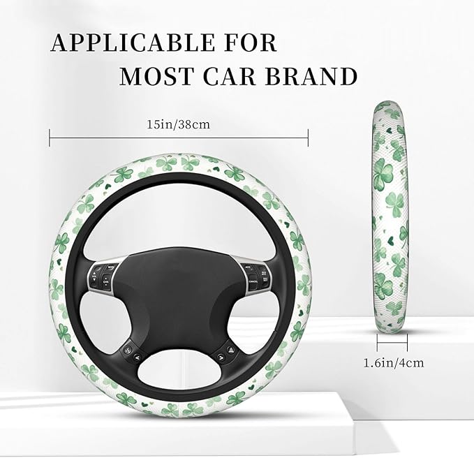 Cute Watercolor Shamrocks Steering Wheel Cover for Women Men Girls, Accessories Decor Thickened Anti-Slip Auto Steering Wheel Covers Protector Universal Fit 15 Inch for Cars, Truck, SUV