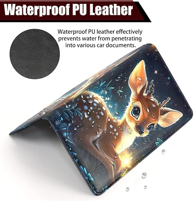 Car Registration Holder, PU Leather Vehicle Glove Box Organizer for Driver License, Document, Car Insurance Holder with Magnetic Shut, Auto Paperwork Wallet Case Accessories, Baby Deer Pattern