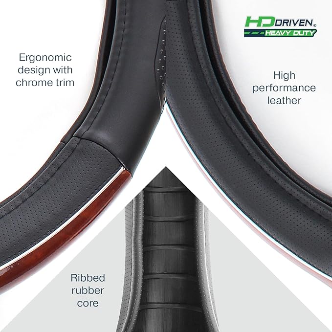 HD Driven SWC Premium Woodgrain Leather Steering Wheel Cover with Massage Grip – 18” Diameter for Semi-Trucks, Ribbed Rubber Core & High-Performance Leather, Vehicle Accessories