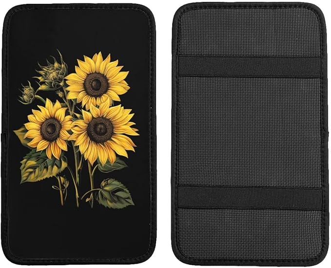 Yellow Sunflower Car Center Console Pad Cushion Cute Flower Auto Center Console Cover Protector Flowers Cars Decor Accessories Fit for Truck Vehicles SUVs, Black