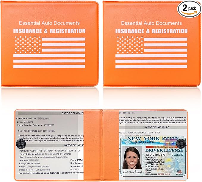 Ziciner Car Registration Insurance Holder, 2Pack Essential Auto Card Document Glove Box Organizer with Touch Fastener, Vehicle Interior Accessories Perfect for Most Car, Truck, SUV (Orange/White Flag)