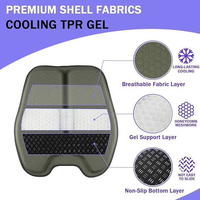Soft Thin Gel Seat Cushion for Car Seat, Office Chair, Wheelchair, Stadium - Non-Slip Car Seat Cushions with 1 Inch Gel - Sciatica & Tailbone Pain Relief (Green)