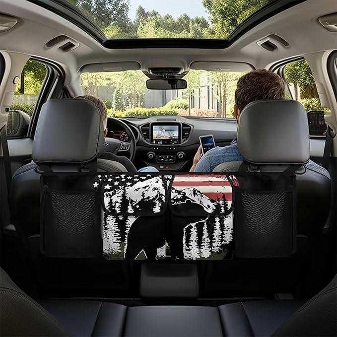 American Flag Bear Car Trunk Organizer, Large Capacity Auto Backseat Hanging Organizer, Thick Backseat Storage Bag with 2 Pockets, 2 Mesh Pockets, Car Trunk Tidy Storage Bag with Lids