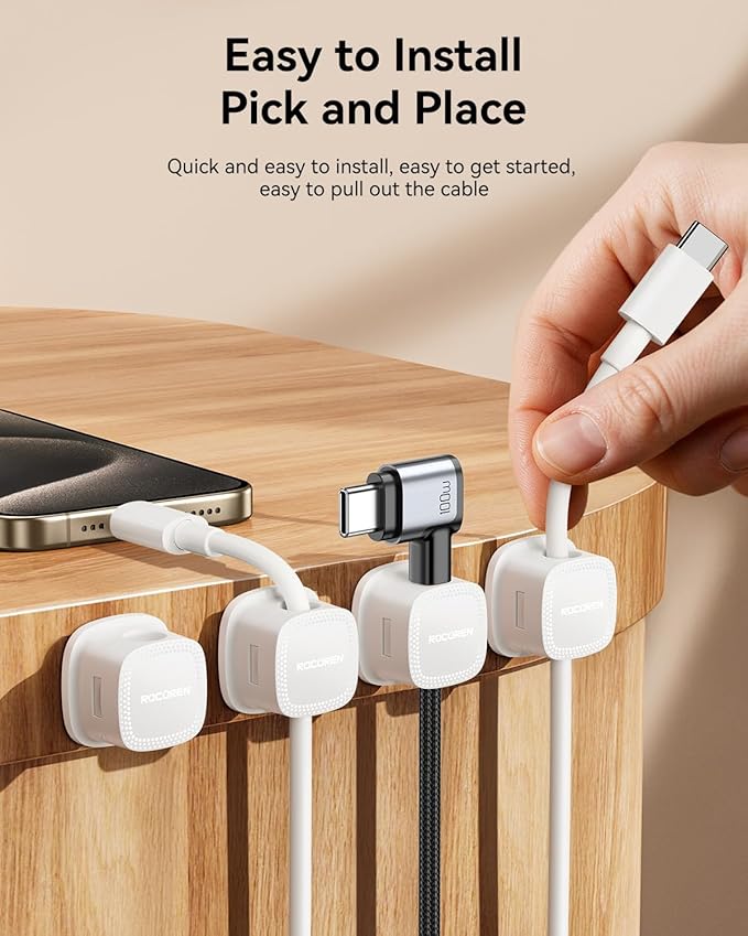 Rocoren 105W 6-Port Multiport Car Charger, Car Travel Essentials for Road Trips with 5FT Cable, 6-Pack Magnetic Cable Clips Cord Organizer-Cable Smooth Adjustable for Desktop, Home Office, Car