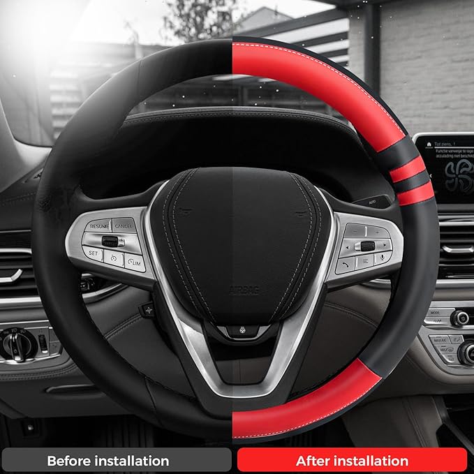 Steering Wheel Cover, Two-Tone Black and Red NAPA Leather, Non-Slip and Sweat Absorbent, 15" Steering Wheel Covers for Men Women, Black (Red, M-15)