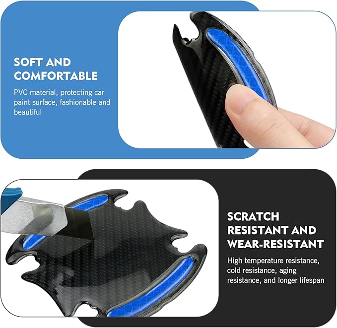 8 PCS Car Door Handle Protector Sticker, PVC Carbon Fiber Reflective Door Bowl & Handle Decoration Decal, Anti-Scratch Car Handles Sticker, Universal for Most Cars (Blue)
