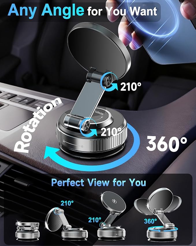 Vacuum Magnetic Car Phone Holder 360° Strongest 120LBS Ultra Suction Cup Phone Mount for MagSafe Dashboard Cell Phone Holders for Your Car/Gym/Mirror Bracket for iPhone 17 & Android, Car Accessories