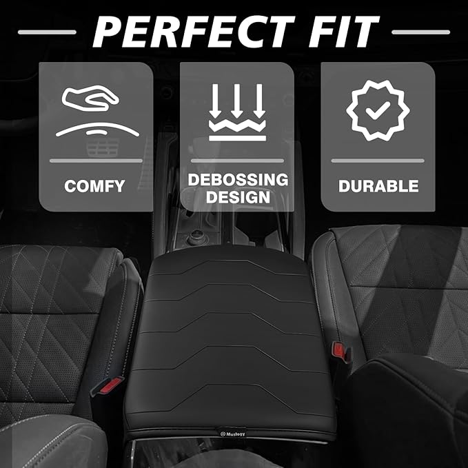 Muslogy Center Console Armrest Cover Compatible with 2020-2024 2025 Kia Telluride Comfort Armrest Pad Arm Rest Cushion Vegan Leather Protector Black Regular Thick