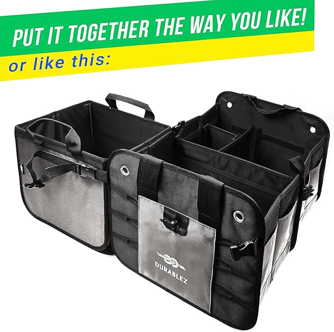 DURABLEZ 3-Section Modular Trunk Organizer XL – Car Storage for Groceries, Cleaning Supplies, Tools, Sports Gear – Foldable L-Shape Cargo Bin – Gray