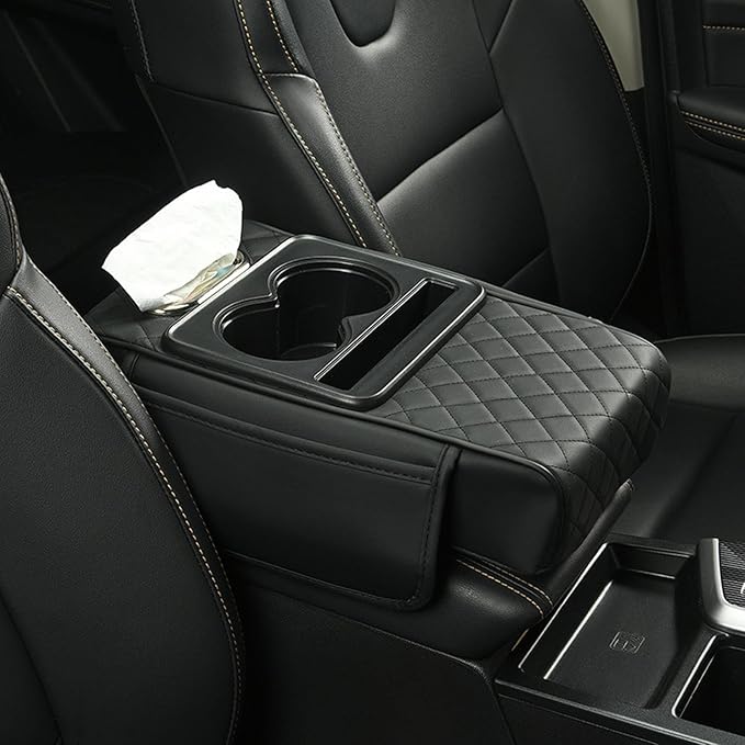 2025 New Auto Center Console Armrest Cushion with 2 Cup Holder, Car Center Console Armrest Pillow, Memory Foam Arm Rest Box Protector for Most Vehicles, Car Accessories (Black-A)
