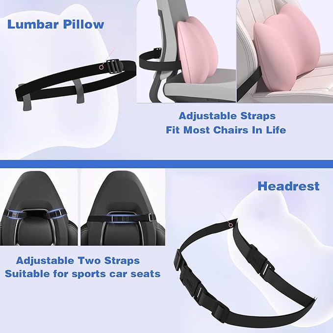 Lumbar Support Pillow for Car/Office Chair, Memory Foam Back Cushion for Car Seat, Lower Back Pillow Fits Most Cars, Trucks, with Adjustable Strap and Washable Cover, Back Pain Relief,Green