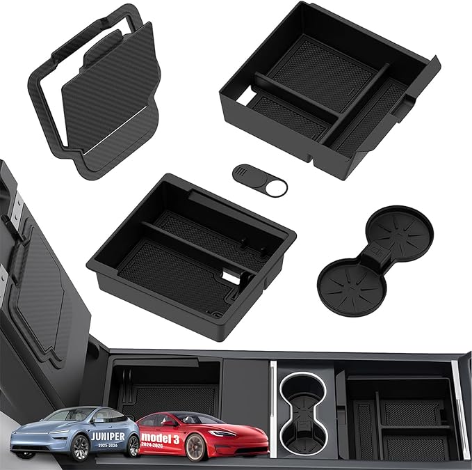 Abvesi 5PCS Center Console Organizer Tray Set with Camera Privacy Cover for Tesla Model Y Juniper 2025-2026 & Model 3 Highland 2024-2026,Includes Hidden Storage Box & Cup Holder Interior Accessories