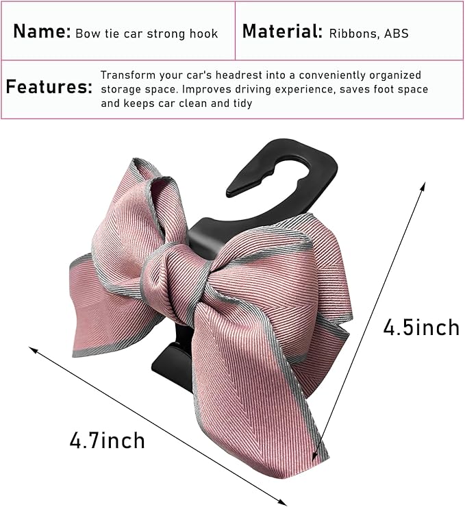 2 PCS Car Seat Headrest Hook, Cute Bow Knot Auto Seatback Hanger Storage Organizer, Vehicle Back Seat Hanging Hooks for Purse Coat Umbrella, Interior Decor Car Accessories (Pink)