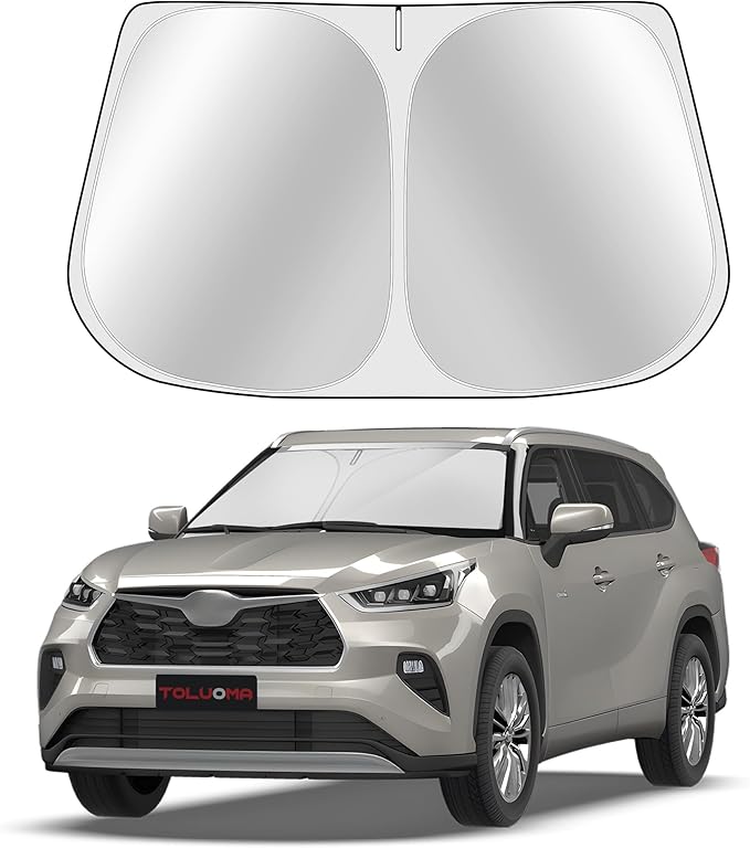 Toluoma Custom Fit Windshield Sun Shade for Toyota Highlander 2020-2025 - Full Coverage, 210T Reflective Fabric, Double-Layer Design - Blocks 99% UV Rays, Keeps Car Cool, Easy to Install and Store