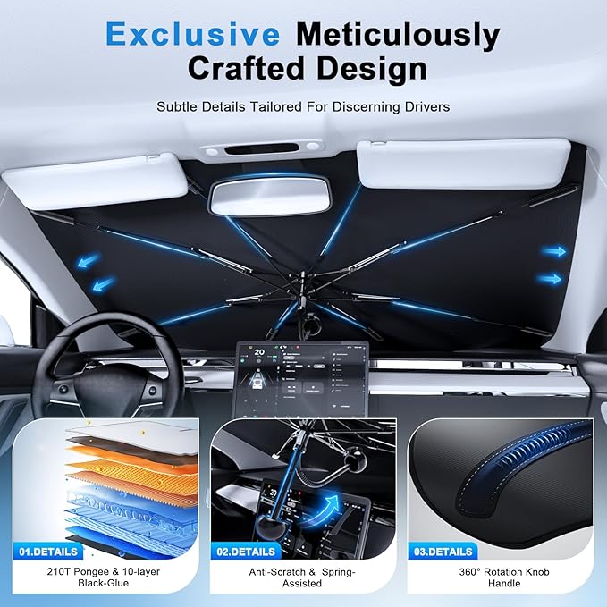 PEMOTech Car Umbrella Windshield Sun Shade | Quick-Install Reliable UV Blocker&Heat Shield | Versatile Car Sun Visor | Foldable Sun Blocker | Keep Cool&Protect Interior | Large (61"x32") for Sedan/SUV