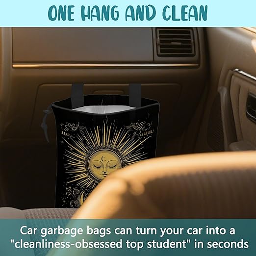 KXWQTRDD Car Garbage Bag Golden Sun Boho Crescent Moon Stars Hanging Canvas Car Trash Bag Drawstring Car Back Seat Organizer for Car Back Front Seat Console with Adjustable Buckle